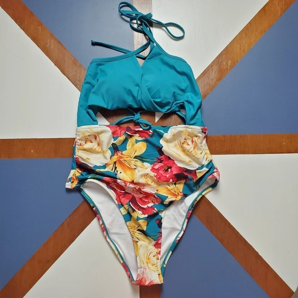 Cupshe Monokini One Piece Womens Medium Teal Floral Cutout Tie neck‎ High Waist